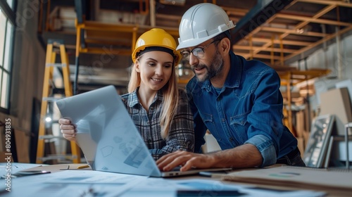 Man builder  architect or construction worker in a hardhat and uniform workwear meeting with a happy young woman and showing her a house building plan on a modern laptop computer.