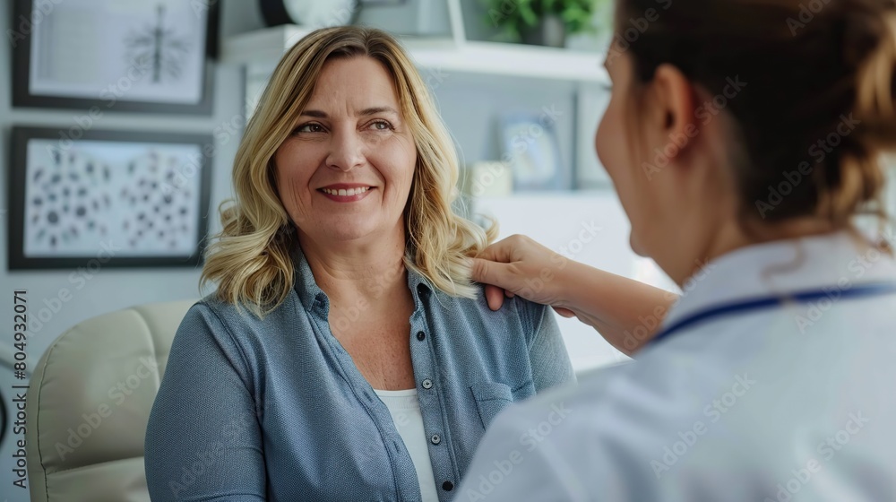 Fototapeta premium Overweight fat woman having consultation at the office. Portrait of friendly smiling doctor putting hand on shoulder supporting patient, giving consultation during medical examination in clinic.
