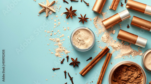 Composition with cosmetic products cinnamon sticks pow photo