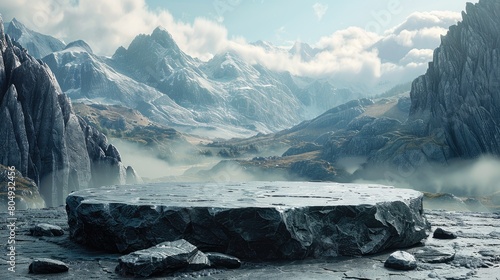 rock stone podium with mountain and nature landscape backgroun
