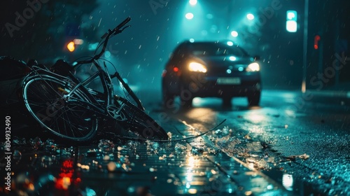 A night-time accident scene showing a car and a bicycle crashed due to drunk driving, emphasizing the dangers of impaired driving.

 photo