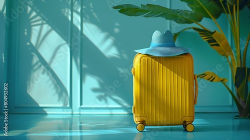 a bright yellow suitcase and a constrasting blue summer hat - travel concept photo