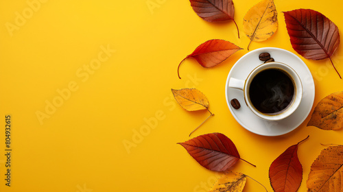 Composition with cup of coffee and autumn leaves