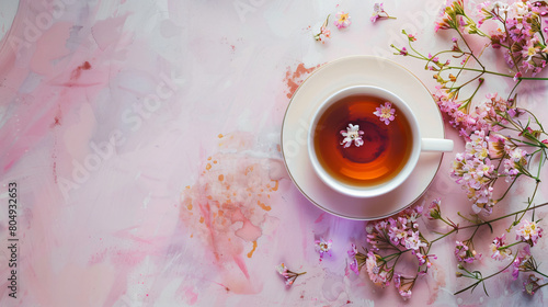 Composition with cup of floral tea on light background