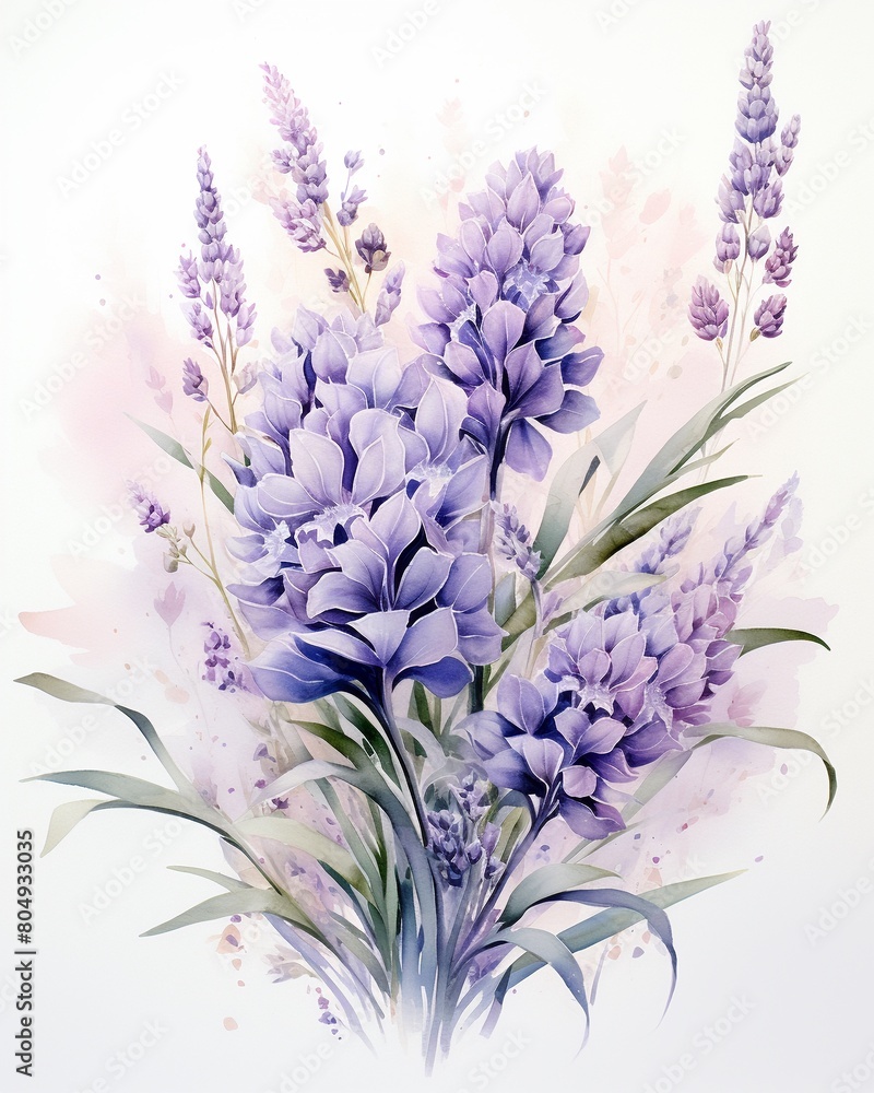 Obraz premium Delicate watercolor of lavender, embodying love and fertility, painted in gentle pastels on a pristine white canvas , high-detail texture