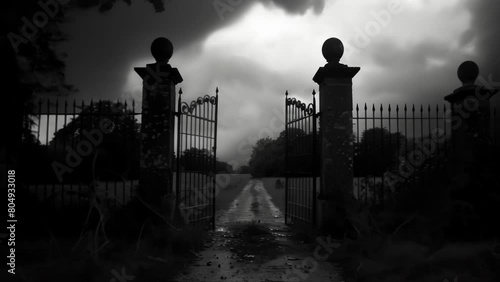 The darkness behind the gothic gates seemed to swallow all light as if the ranch held some dark ancient power within its grounds. 2d flat cartoon. photo