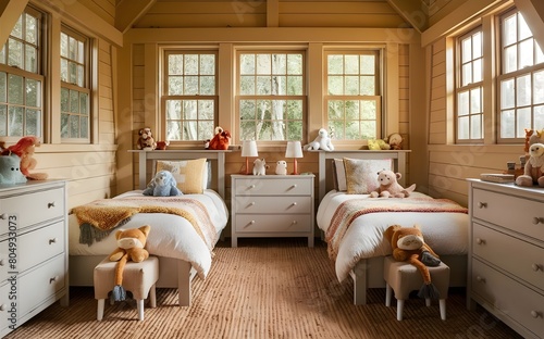 interior of a bedroom. Little kids Bedroom trend 2024 year. Modern luxury room interior home or kids room.3d render photo