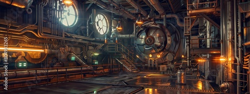 Industrial interior with pipes, machinery, and dramatic lighting background 3d style.