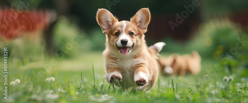 red dog puppy Corgi fun runs and plays on the sports green area