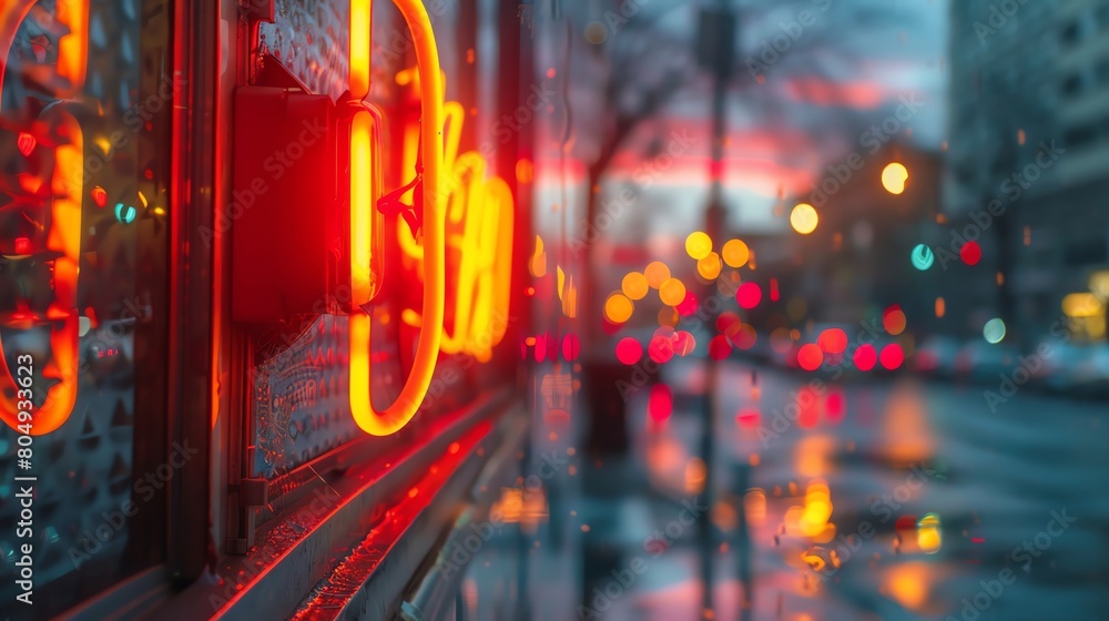 Neon sign in a diner window, zooming in on the glowing tubes against the twilight