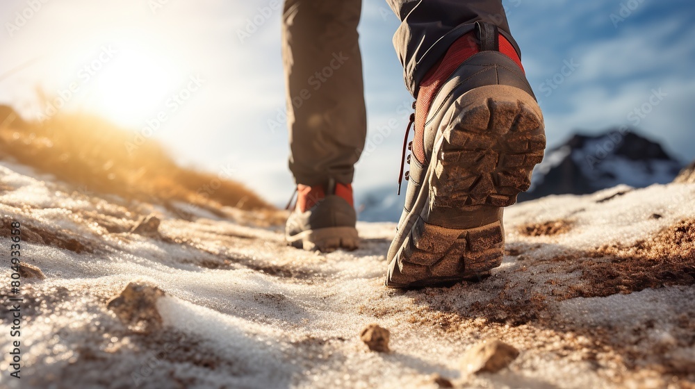 Footsteps of climbers wearing shoes walking over a rocky mountain landscape and a beautiful sunset view in the background. seen from behind Footsteps of climbers wearing shoes walking over a rocky mountain landscape and a beautiful sunset view in the background. seen from behind