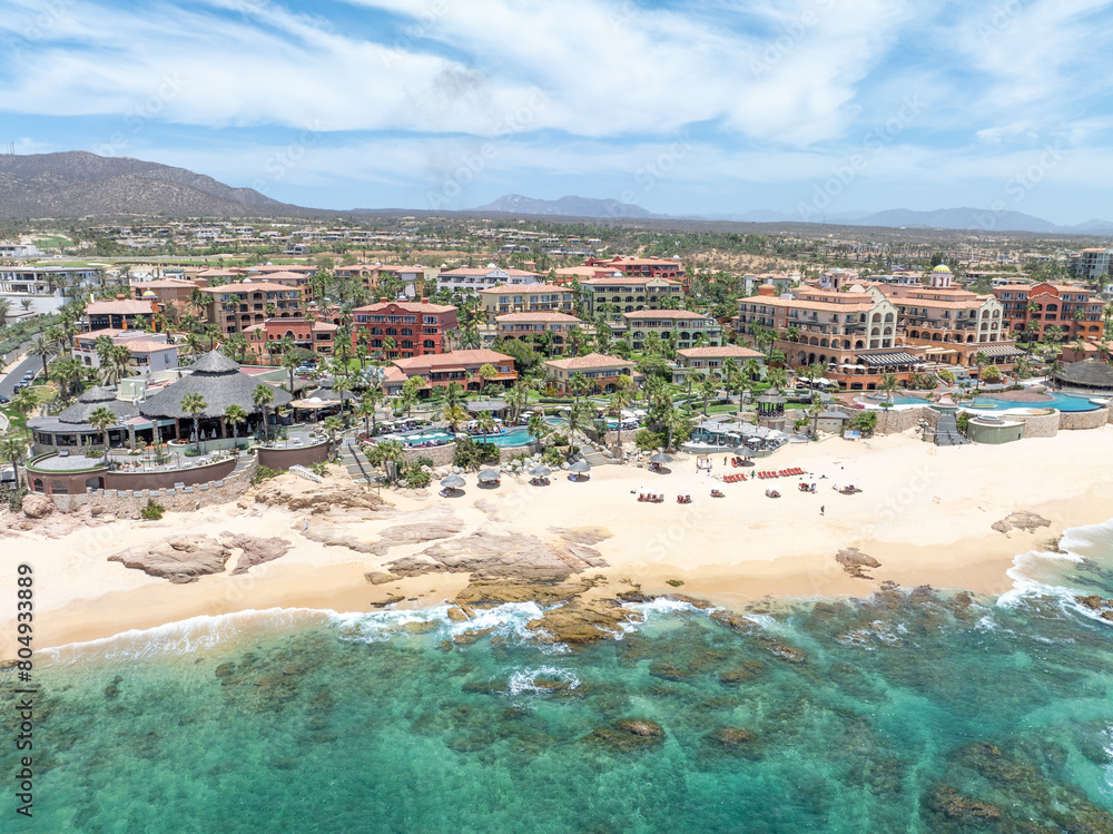 Aerial view of tropical beach with resorts in Cabo San Jose, Baja California Sur, Mexico