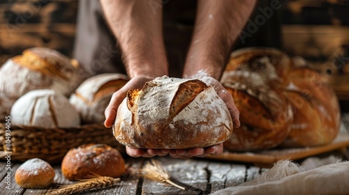 Baker hands holding fresh bread on a wooden table with baked loaves in the background.
