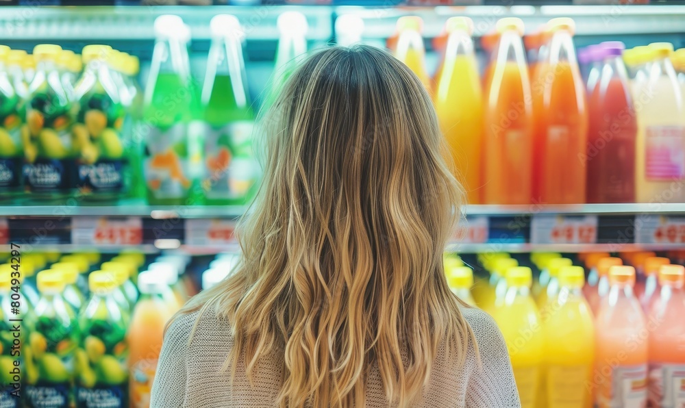 A woman is seen from the back, contemplating choices in a grocery store aisle filled with various products. A woman is seen from the back, contemplating choices in a grocery store aisle filled with various products.