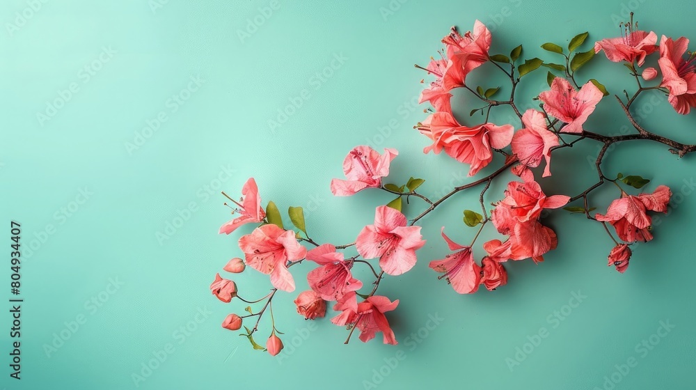 Coral pink floral arrangement on a turquoise background