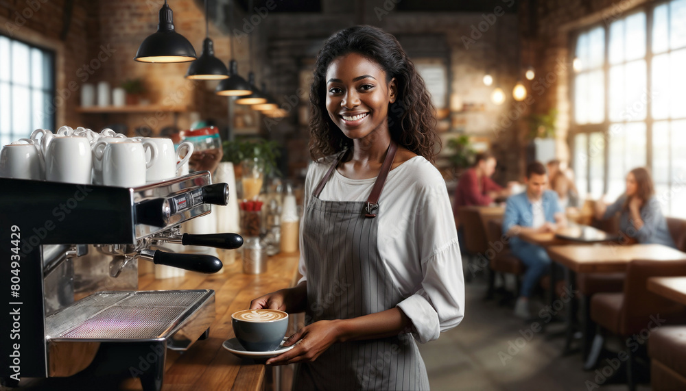  joyful young African American woman barista, with smile that reflects the welcoming nature