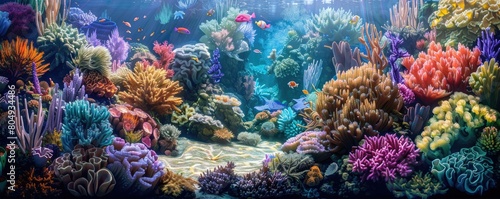 An underwater landscape showcasing a coral reef bathing in sunbeams penetrating the ocean's surface. copy space for text. photo