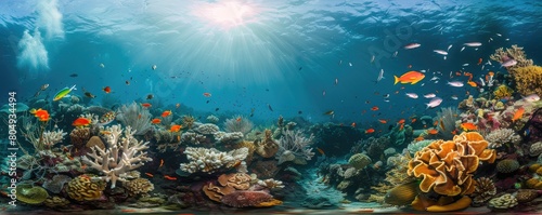 An underwater landscape showcasing a coral reef bathing in sunbeams penetrating the ocean's surface. copy space for text. photo