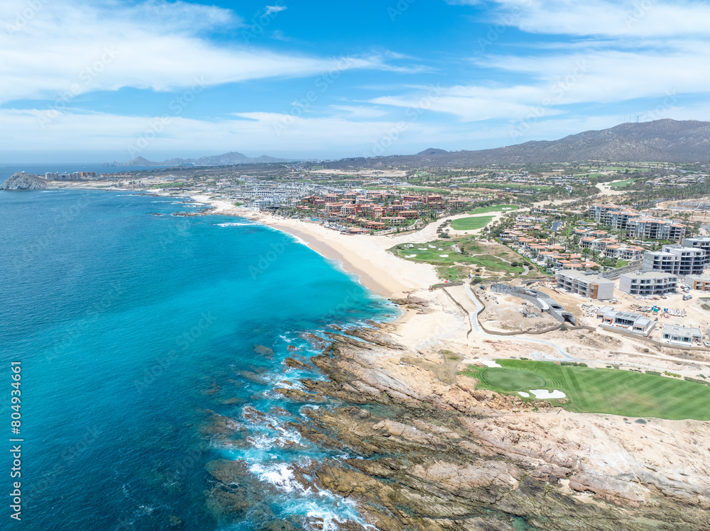 Aerial view of tropical beach with resorts in Cabo San Jose, Baja California Sur, Mexico