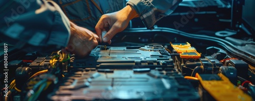 A mechanic wearing a blue uniform with gloves checks the battery of an electric vehicle  indicating automotive industry progression.