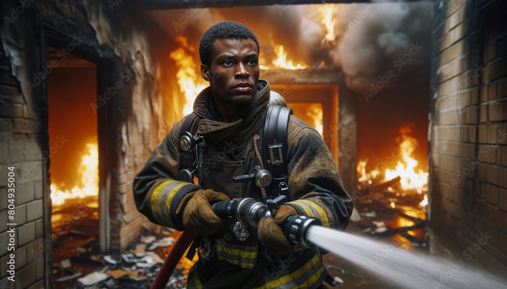  photorealistic image of an African American male firefighter extinguishing fire in burning building