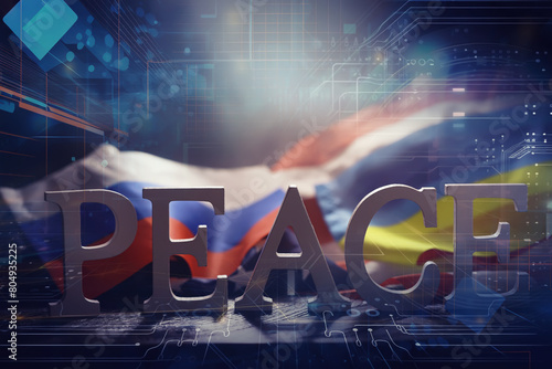 Double exposure Peace Word and abstract technology background. International conflict, American hegemony, War.