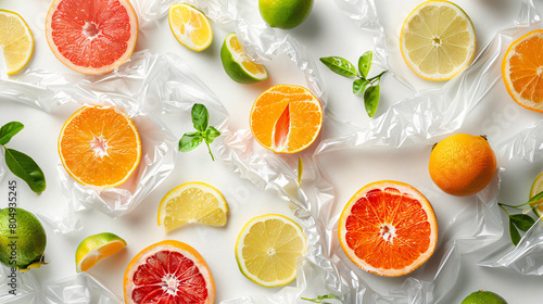 Plastic food wrap with different citrus fruits on white