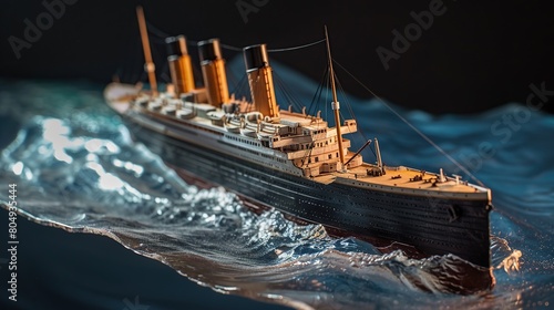 Titanic in the ocean sunlight. Image about story of Titanic. copy space for text.