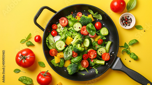 Plate and frying pan with tasty vegetables 