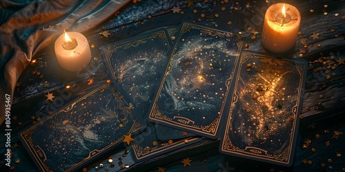 Mystical Tarot Cards Spread on Old Table with Candles and Crystals. 