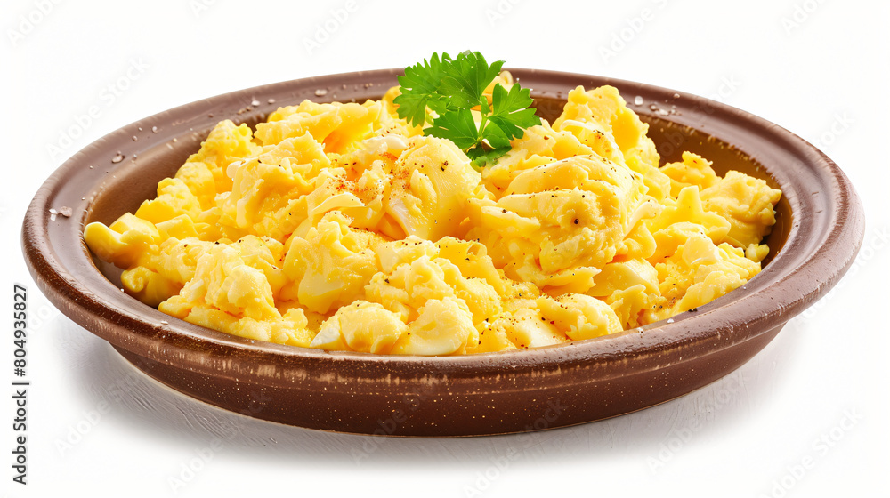 Plate of delicious scrambled eggs isolated on white background