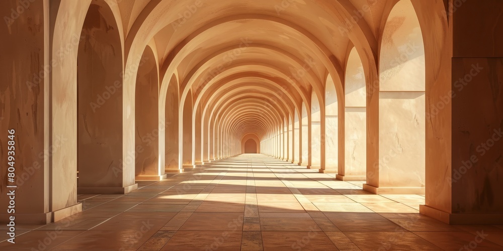 Fototapeta premium A grand hallway lined with elegant arches and towering columns, showcasing a stunning architectural design. The corridor stretches into the distance, creating a sense of depth and grandeur