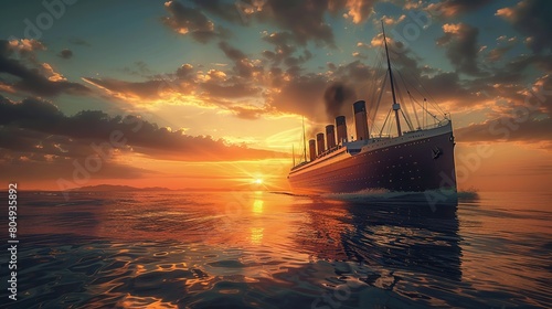 Titanic in the ocean sunlight. Image about story of Titanic. copy space for text.
