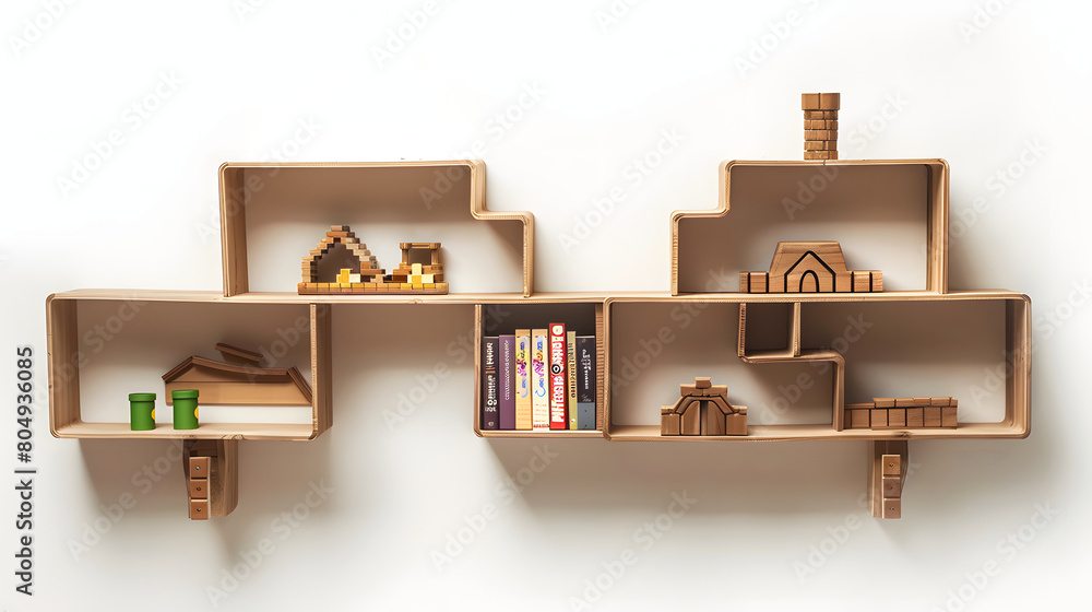 Fototapeta premium Creatively Designed Bookshelf: Cityscape-Inspired Structure with Varied Compartments, Modern Aesthetic, Filled with Books and Decorative Items, Highlighted Against a Plain Background.