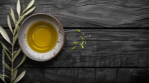 Plate of fresh olive oil on dark wooden table photo