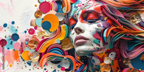 A close-up portrait of a woman with stylish and vibrant makeup, featuring colorful hair and bold eye shadow. The background design adds to the artistic flair of the image