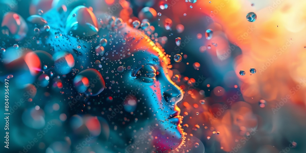 A womans face is visible through a rain-covered window, with droplets distorting her features. The background features a design wallpaper A womans face is visible through a rain-covered window, with droplets distorting her features. The background features a design wallpaper