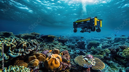 Underwater ROV Exploring Coral Reefs During Daytime. copy space for text.