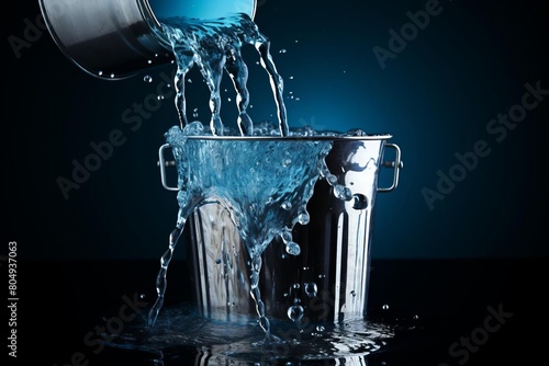 A metal bucket being poured water from a blue plastic pitcher.