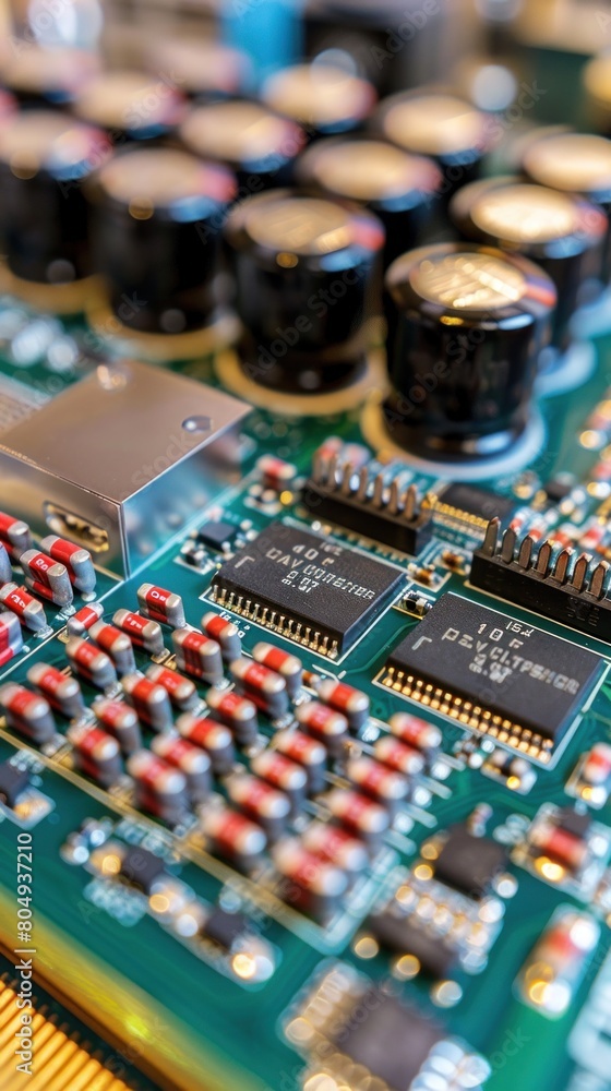 Closeup of a motherboard with various electronic components and circuitry Closeup of a motherboard with various electronic components and circuitry