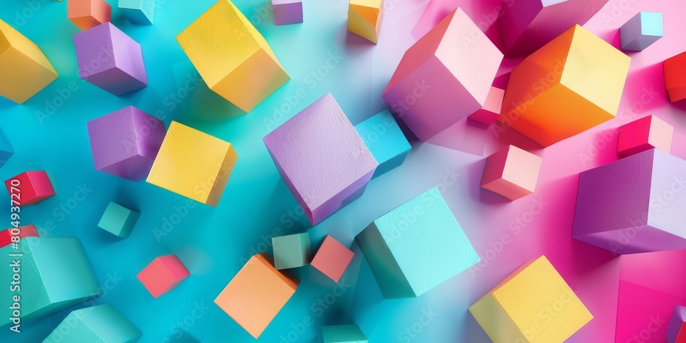 A group of vibrant cubes suspended in mid-air, creating a mesmerizing display of colors and shapes against a neutral background design A group of vibrant cubes suspended in mid-air, creating a mesmerizing display of colors and shapes against a neutral background design