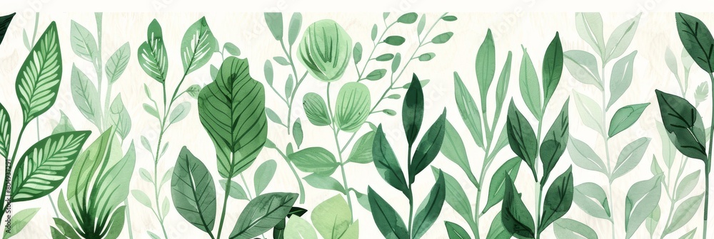 A seamless botanical watercolor illustration featuring a variety of green leaves, perfect for backgrounds, textiles, and eco-friendly concepts