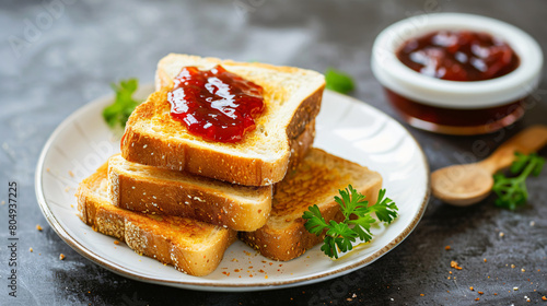 Plate of tasty toasts with jam on grunge background