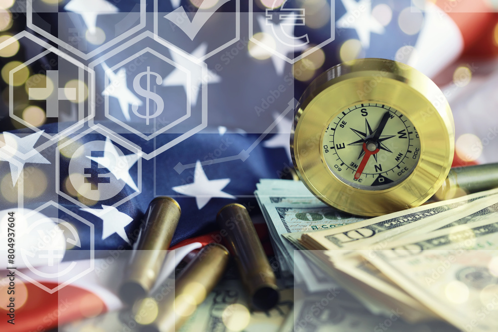 Fototapeta premium Magnetic compass. The concept of finding successful solutions to problems. Compass, map, sleeves, hands.