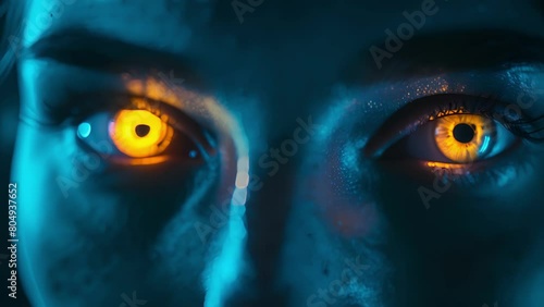 An image of a person with glowing eyes showcasing the use of synthetic biology for enhanced night vision through gene editing. . photo