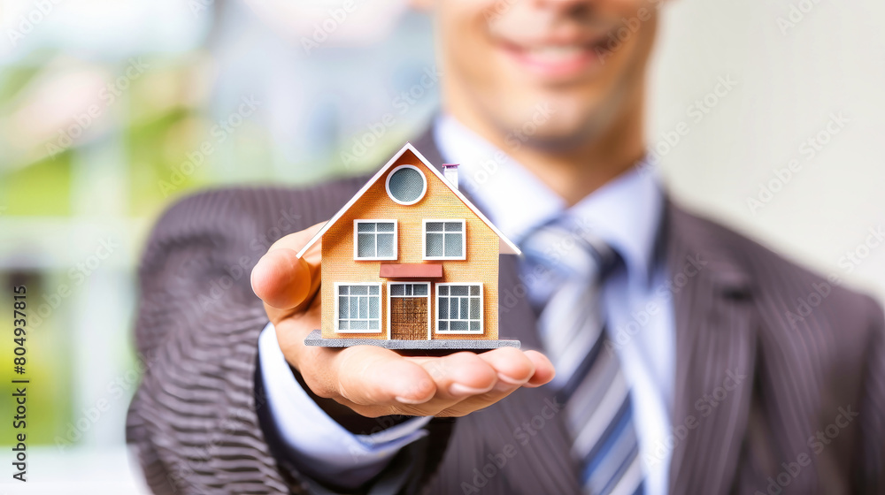 A professional real estate agent in a stylish suit holding a miniature house, highlighting concepts of mortgage, rent, and property sales A professional real estate agent in a stylish suit holding a miniature house, highlighting concepts of mortgage, rent, and property sales