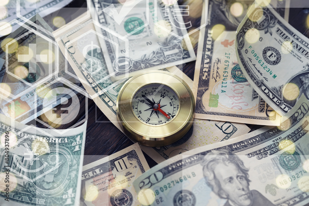 Magnetic compass. The concept of finding successful solutions to problems. Compass, map, sleeves, hands. Magnetic compass. The concept of finding successful solutions to problems. Compass, map, sleeves, hands.