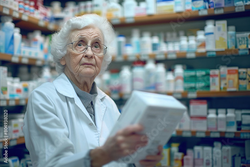 Elderly woman, pharmacist in white clothes, medicine or pills by shelf in store for healthcare services. © Degimages