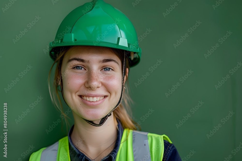portrait of Smiling female engineer with green safety helmet and vest on plain green background portrait of Smiling female engineer with green safety helmet and vest on plain green background