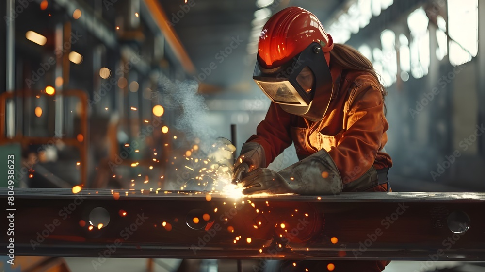 welder at work in a factory,Woman Construction Worker Welding Metal Beams in Industrial Setting welder at work in a factory,Woman Construction Worker Welding Metal Beams in Industrial Setting
